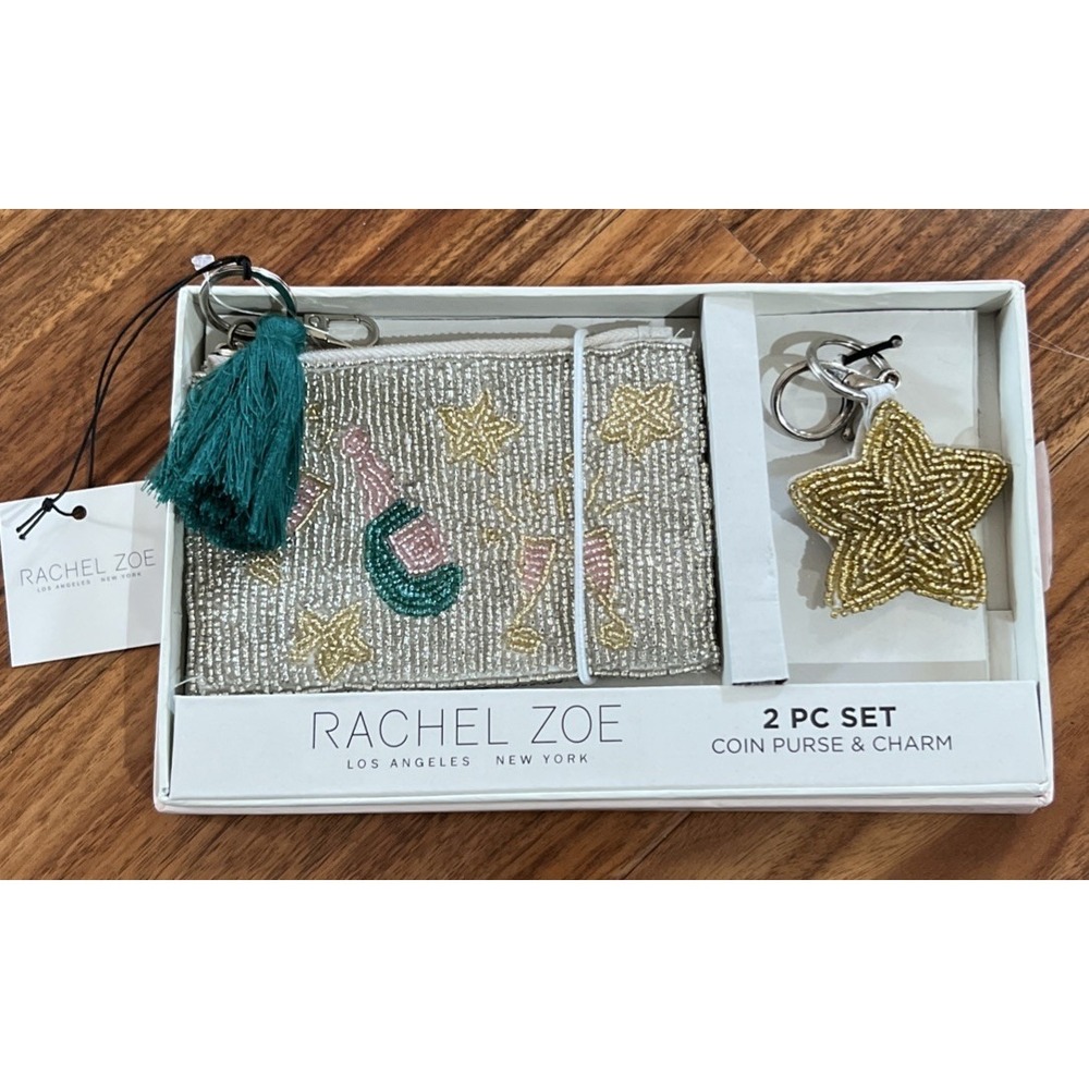New $40 Rachel Zoe 2 Piece Champagne Bottle Silver Coin Purse Star Key Chain